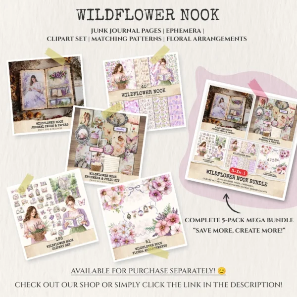 Wildflower Nook Mega Bundle – Cozy Reading Corner Printables, Ephemera, Journal, Books PNG Clipart, Seamless Pattern, Digital Download