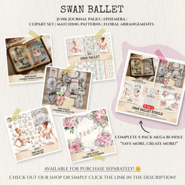 Swan Ballet Mega Bundle – Pink Ballet Dancer Printables, Ephemera, Journal, Stage Patry PNG Clipart, Seamless Pattern, Digital Download