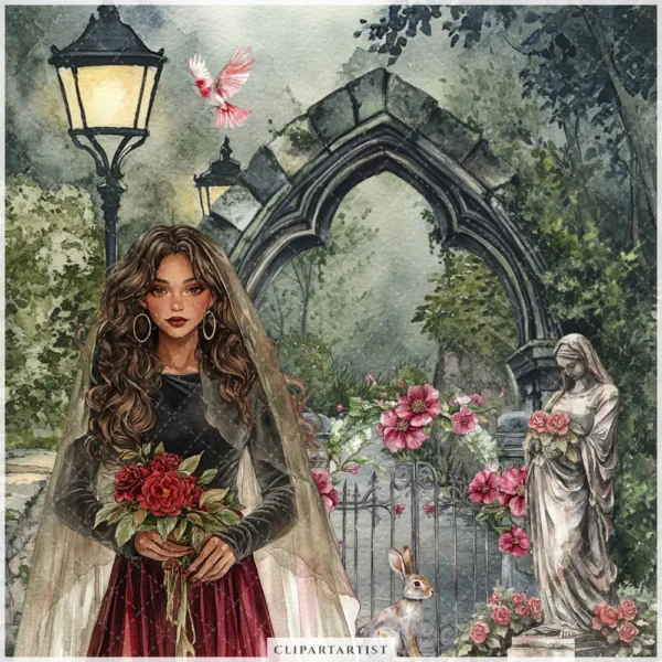 Gothic Veil Spring Clipart Set – Haunted Floral PNG Illustrations, Victorian Lace, Dark Spring Graphics, Romantic Gothic, Digital Download