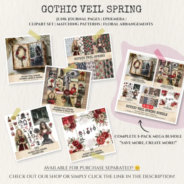 Gothic Veil Spring Mega Bundle – Haunted Floral Printables, Ephemera, Journal, Gothic Lace PNG Clipart, Seamless Pattern, Digital Download