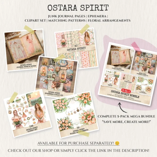 Ostara Spirit Mega Bundle – Pagan Spring Equinox Printables, Ephemera, Journal, Egg Rabbit PNG Clipart, Seamless Pattern, Digital Download