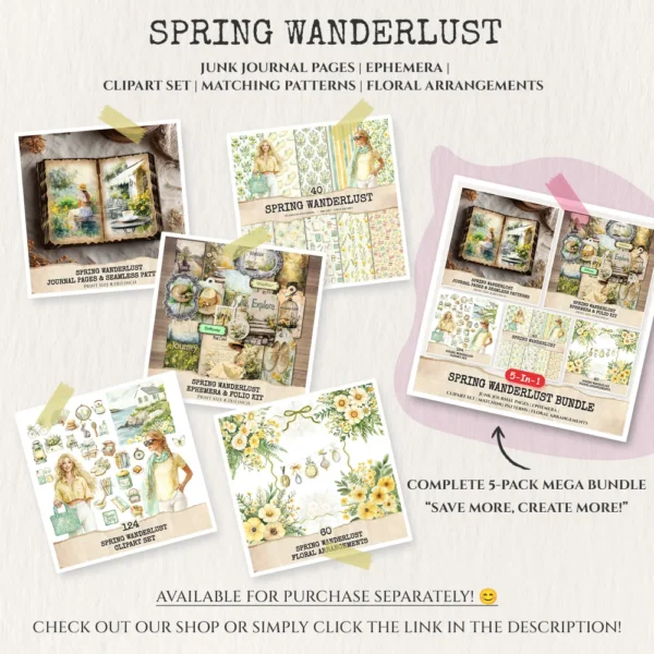 Spring Wanderlust Mega Bundle – Countryside Travel, Ephemera, Journal, Spring Wildflowers PNG Clipart, Seamless Pattern, Digital Download
