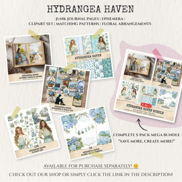 Hydrangea Haven Mega Bundle – Spring Cottage Garden, Ephemera, Journal, Romantic Floral PNG Clipart, Seamless Pattern, Digital Download