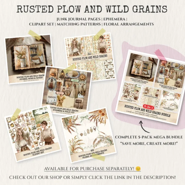 Rusted Plow and Wild Grains Mega Bundle – Rustic Farm Harvest Printables, Ephemera, Journal, PNG Clipart, Seamless Pattern, Digital Download