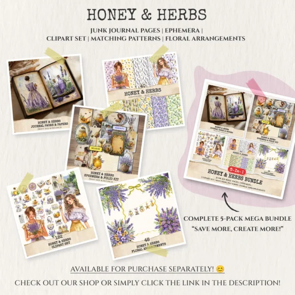Honey and Herbs Mega Bundle – Lavender Herb Printables, Herbal, Ephemera, Journal, Honey PNG Clipart, Seamless Pattern, Digital Download