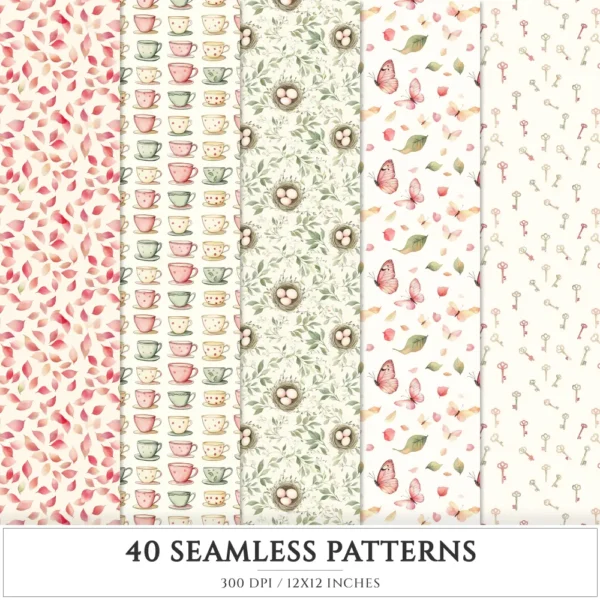 Bloom Wonderland Seamless Patterns, Dreamy Floral JPEG, Rose Pink Pattern, Lantern, Bunny, Spring Repeating Pattern, Digital Scrapbook Paper