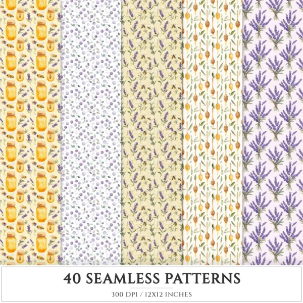Honey and Herbs Seamless Patterns, Lavender Herb JPEG, Honey Pot, Bee Pattern, Herbal, Lavender Repeating Pattern, Digital Scrapbook Paper