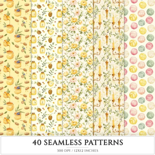 Honey Petal Archive Seamless Patterns, Springtime JPEG, Peony Pattern, Bee, Polka, Honeycomb Repeating Pattern, Digital Scrapbook Paper