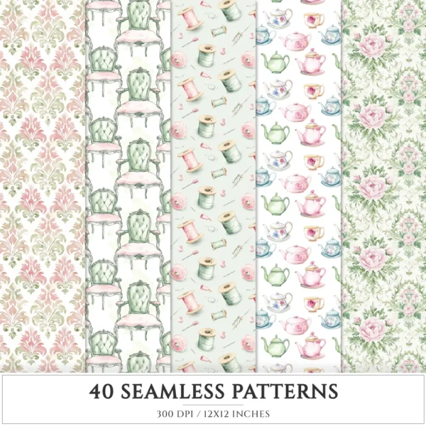 Swan Ballet Seamless Patterns, Pink Ballet JPEG, Peony Floral Pattern, Tutu, Polka, Pink Bow Repeating Pattern, Digital Scrapbook Paper