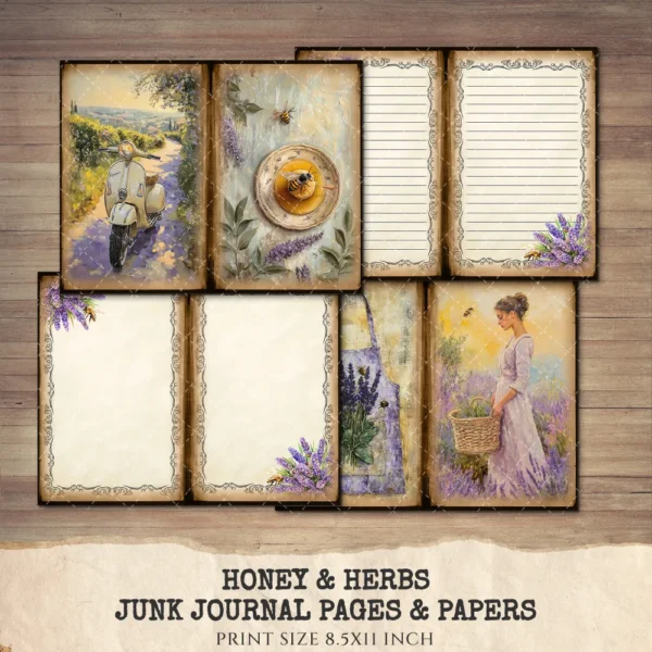 Honey and Herbs Junk Journal Pages & Papers – Lavender Herb, Honey Pot Printable, Honeycomb, Rustic Recipe Scrapbook, Digital Download