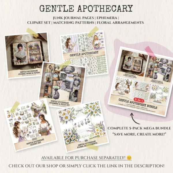 Gentle Apothecary Mega Bundle – Vintage Herb Jars Printables, Ephemera, Journal, Botanical PNG Clipart, Seamless Pattern, Digital Download