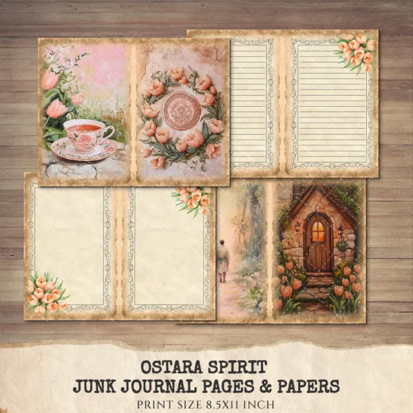 Ostara Spirit Junk Journal Pages & Papers – Pagan Spring Equinox, Goddess Ritual Printable, Eggs, Rabbits, Scrapbook, Digital Download