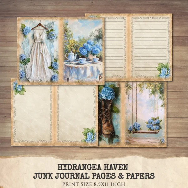 Hydrangea Haven Junk Journal Pages & Papers – Spring Cottage Garden, Romantic Floral Printable, Scrapbook, Cottagecore, Digital Download