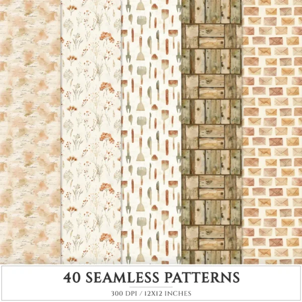 Rusted Plow and Wild Grains Seamless Patterns, Farmhouse JPEG, Harvest Pattern, Spring Grain Repeating Pattern, Digital Scrapbook Paper