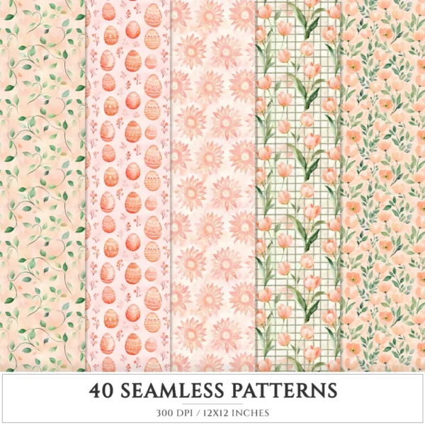 Ostara Spirit Seamless Patterns, Pagan Equinox JPEG, Tulips Pattern, Egg, Rabbit, Florals, Herbs Repeating Pattern, Digital Scrapbook Paper