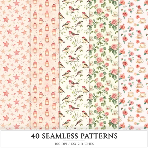 Bloom Wonderland Seamless Patterns, Dreamy Floral JPEG, Rose Pink Pattern, Lantern, Bunny, Spring Repeating Pattern, Digital Scrapbook Paper