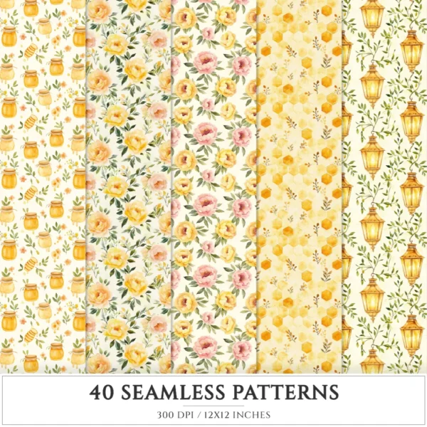Honey Petal Archive Seamless Patterns, Springtime JPEG, Peony Pattern, Bee, Polka, Honeycomb Repeating Pattern, Digital Scrapbook Paper