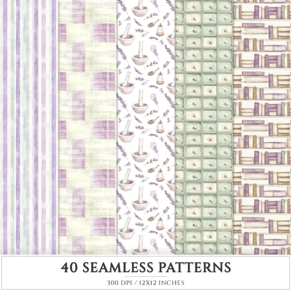 Gentle Apothecary Seamless Patterns, Herbal JPEG, Lavender Pattern, Chamomile, Rosemary, Botanical Repeating Pattern,Digital Scrapbook Paper