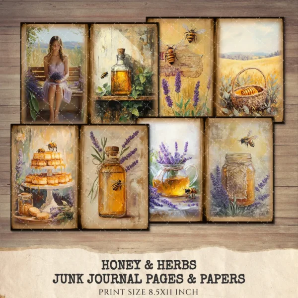Honey and Herbs Junk Journal Pages & Papers – Lavender Herb, Honey Pot Printable, Honeycomb, Rustic Recipe Scrapbook, Digital Download