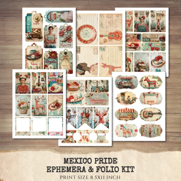 Mexico Pride Ephemera & Folio Kit – Patriotic Sombrero, Mexican Floral Printables, Cactus, Vintage, Pride Tags, Kits, Digital Download