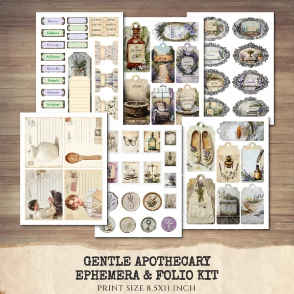 Gentle Apothecary Ephemera & Folio Kit – Vintage Herb Jars, Botanical Printables, Lavender, Chamomile, Herbal Tags, Kits, Digital Download