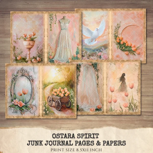 Ostara Spirit Junk Journal Pages & Papers – Pagan Spring Equinox, Goddess Ritual Printable, Eggs, Rabbits, Scrapbook, Digital Download