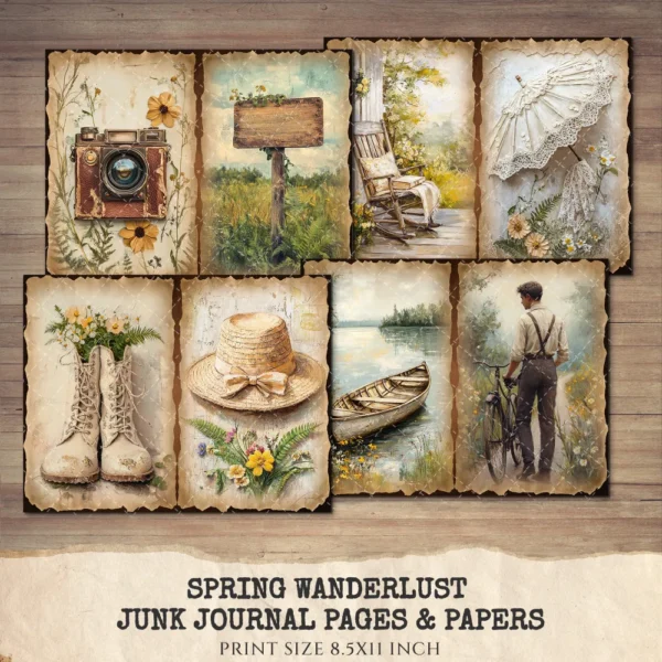 Spring Wanderlust Junk Journal Pages & Papers – Countryside Travel, Springtime Printable, Wildflowers Scrapbook, Farmhouse, Digital Download