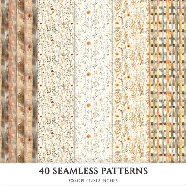 Rusted Plow and Wild Grains Seamless Patterns, Farmhouse JPEG, Harvest Pattern, Spring Grain Repeating Pattern, Digital Scrapbook Paper