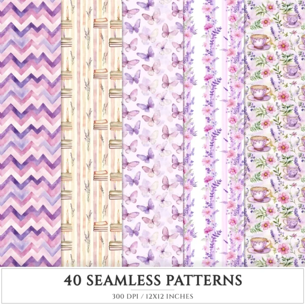 Wildflower Nook Seamless Patterns, Cozy Reading JPEG, Books and Candles Pattern, Reading Nook Repeating Pattern, Digital Scrapbook Paper