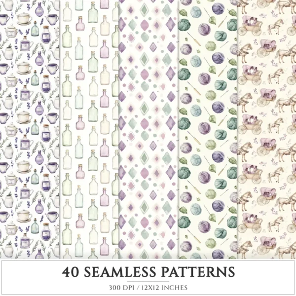 Gentle Apothecary Seamless Patterns, Herbal JPEG, Lavender Pattern, Chamomile, Rosemary, Botanical Repeating Pattern,Digital Scrapbook Paper
