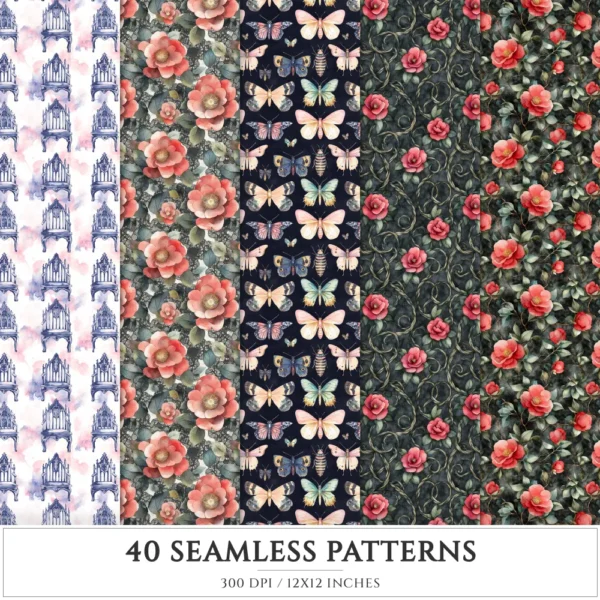 Gothic Veil Spring Seamless Patterns, Haunted Floral JPEG, Gothic Pattern, Lace, Dark Floral Repeating Pattern, Digital Scrapbook Paper