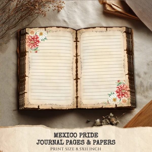 Mexico Pride Junk Journal Pages & Papers – Sombrero, Mexican Floral Printable, Fiesta, Cactus, Patriotic Scrapbook, Digital Download