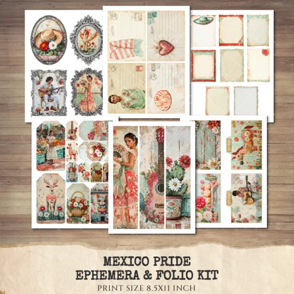 Mexico Pride Ephemera & Folio Kit – Patriotic Sombrero, Mexican Floral Printables, Cactus, Vintage, Pride Tags, Kits, Digital Download