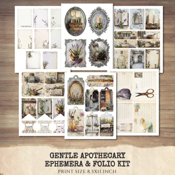 Gentle Apothecary Ephemera & Folio Kit – Vintage Herb Jars, Botanical Printables, Lavender, Chamomile, Herbal Tags, Kits, Digital Download