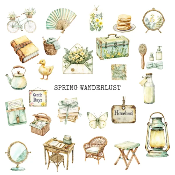 Spring Wanderlust Clipart Set – Countryside PNG Illustrations, Pastel Travel, Springtime Graphics, Bicycle, Wildflowers, Digital Download