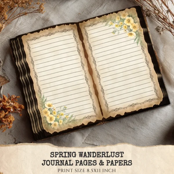 Spring Wanderlust Junk Journal Pages & Papers – Countryside Travel, Springtime Printable, Wildflowers Scrapbook, Farmhouse, Digital Download
