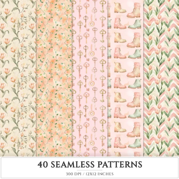 Ostara Spirit Seamless Patterns, Pagan Equinox JPEG, Tulips Pattern, Egg, Rabbit, Florals, Herbs Repeating Pattern, Digital Scrapbook Paper