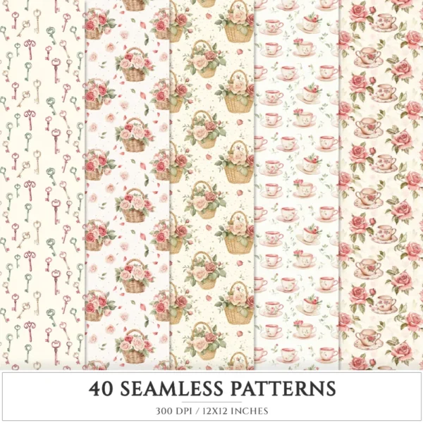 Bloom Wonderland Seamless Patterns, Dreamy Floral JPEG, Rose Pink Pattern, Lantern, Bunny, Spring Repeating Pattern, Digital Scrapbook Paper