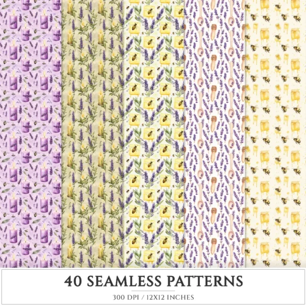 Honey and Herbs Seamless Patterns, Lavender Herb JPEG, Honey Pot, Bee Pattern, Herbal, Lavender Repeating Pattern, Digital Scrapbook Paper