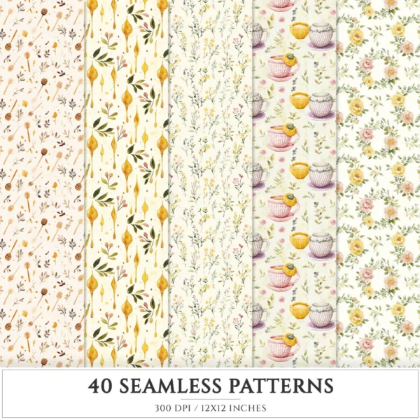 Honey Petal Archive Seamless Patterns, Springtime JPEG, Peony Pattern, Bee, Polka, Honeycomb Repeating Pattern, Digital Scrapbook Paper
