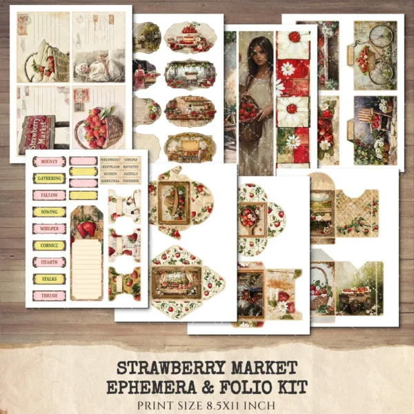 Strawberry Market Ephemera & Folio Kit – Spring Fruit, Berries, Strawberry Printables, Vintage, Fruit Market Tags, Kits, Digital Download