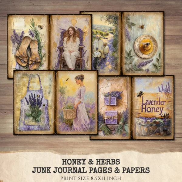 Honey and Herbs Junk Journal Pages & Papers – Lavender Herb, Honey Pot Printable, Honeycomb, Rustic Recipe Scrapbook, Digital Download