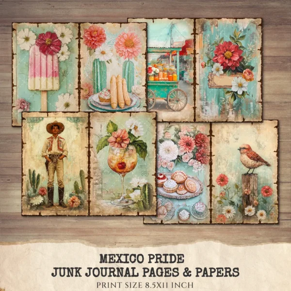 Mexico Pride Junk Journal Pages & Papers – Sombrero, Mexican Floral Printable, Fiesta, Cactus, Patriotic Scrapbook, Digital Download