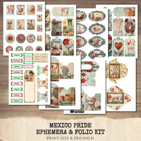 Mexico Pride Ephemera & Folio Kit – Patriotic Sombrero, Mexican Floral Printables, Cactus, Vintage, Pride Tags, Kits, Digital Download