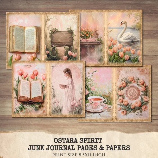 Ostara Spirit Junk Journal Pages & Papers – Pagan Spring Equinox, Goddess Ritual Printable, Eggs, Rabbits, Scrapbook, Digital Download