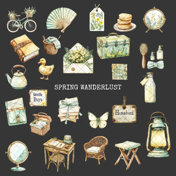 Spring Wanderlust Clipart Set – Countryside PNG Illustrations, Pastel Travel, Springtime Graphics, Bicycle, Wildflowers, Digital Download