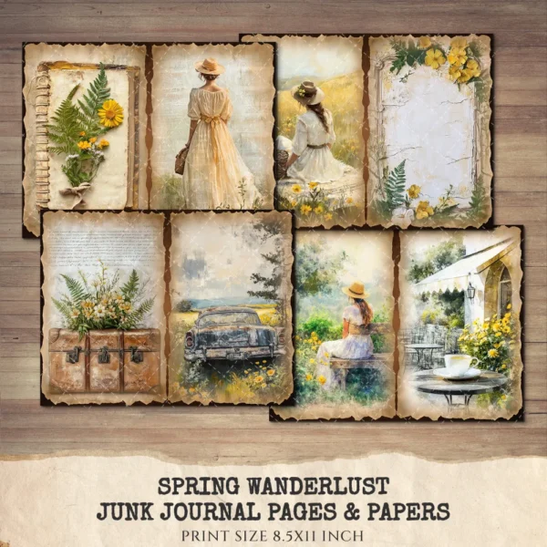 Spring Wanderlust Junk Journal Pages & Papers – Countryside Travel, Springtime Printable, Wildflowers Scrapbook, Farmhouse, Digital Download