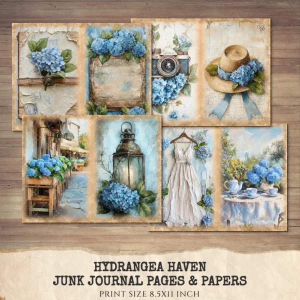 Hydrangea Haven Junk Journal Pages & Papers – Spring Cottage Garden, Romantic Floral Printable, Scrapbook, Cottagecore, Digital Download