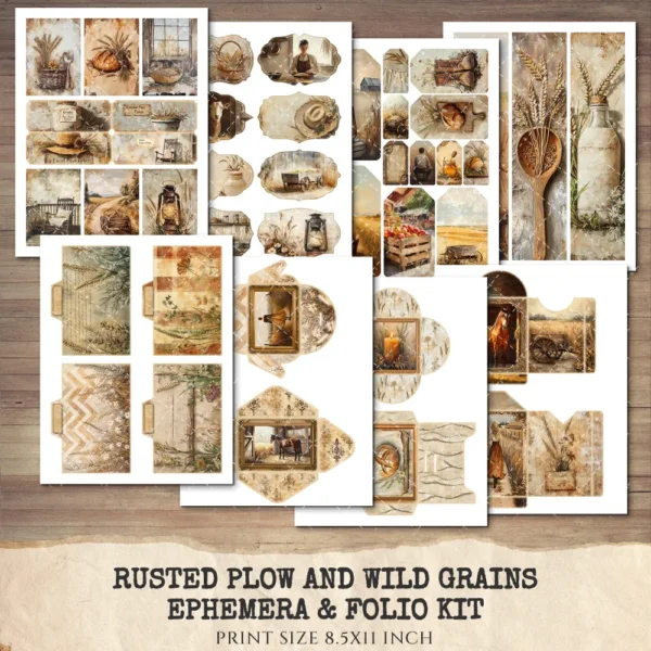 Rusted Plow and Wild Grains Ephemera & Folio Kit – Rustic Farm Harvest, Neutral Farmhouse Printables, Vintage Tags, Kits, Digital Download