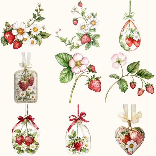 Strawberry Market Floral Arrangements, Spring Fruit PNG, Daisy Bouquet, Strawberry Blossom Art, Floral Decor, Ornaments, Digital download